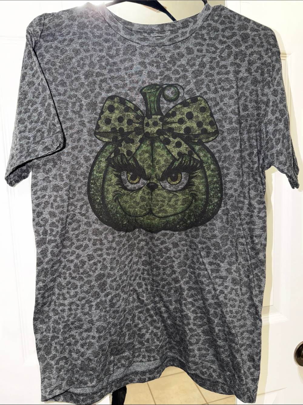 Gray Leopard Tee with Grinch Pumpkin Graphic